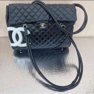 CHANEL Black Shoulder Bag with Quilted Design and Gold-tone Hardware